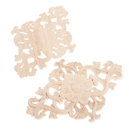 Wood Carved Appliques, 2Pcs Unpainted Wooden Onlays for Furniture Cabinet Door Wall Decor, 15x10.5cm H161