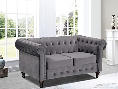 3-Piece Velvet Chesterfield Sofa Set with Couch, Loveseat and Accent Chair, Grey J93016