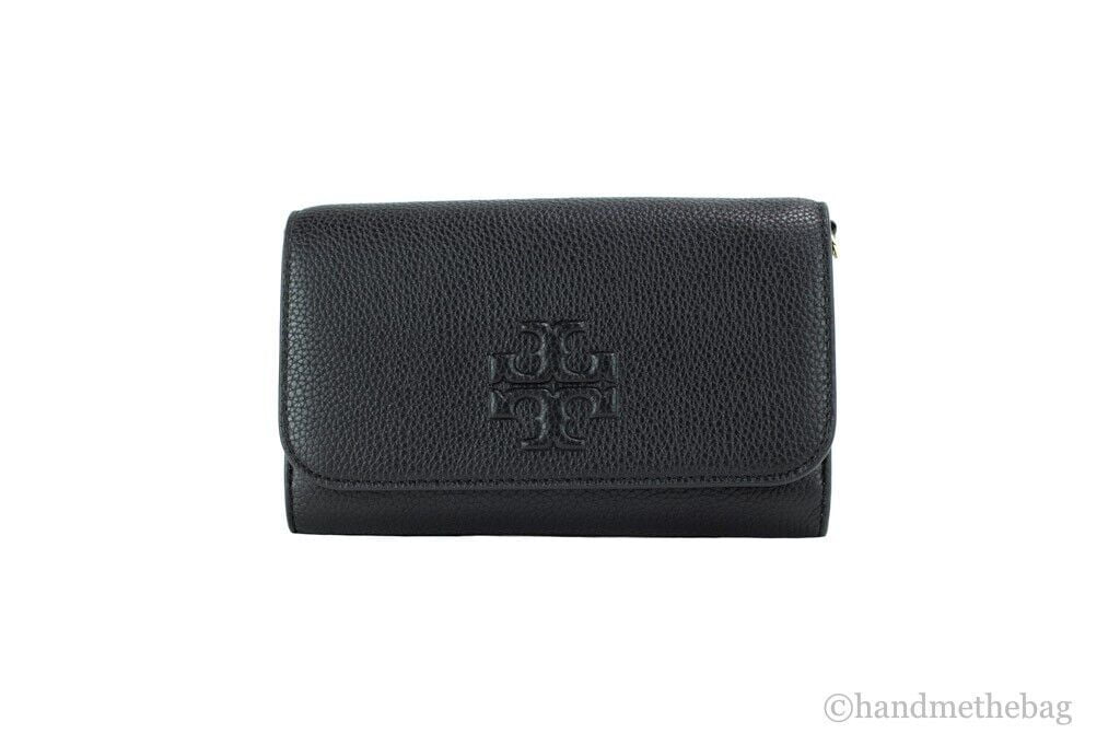 Tory Burch (75029) Thea Small Pebbled Leather Flat Wallet Crossbody Handbag (Black)