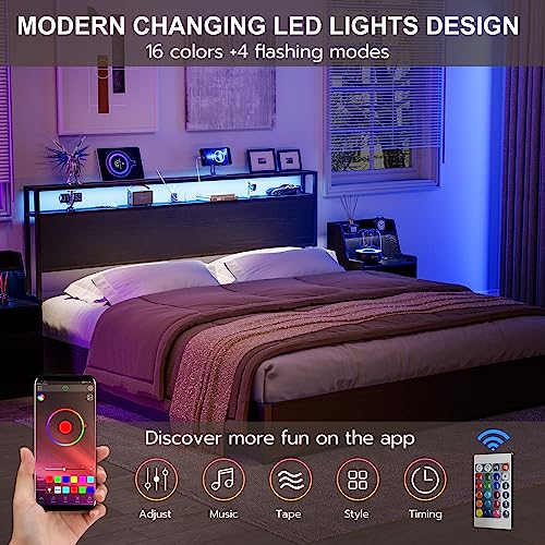 California King Storage Headboard with Charging Station and LED Lights T957820