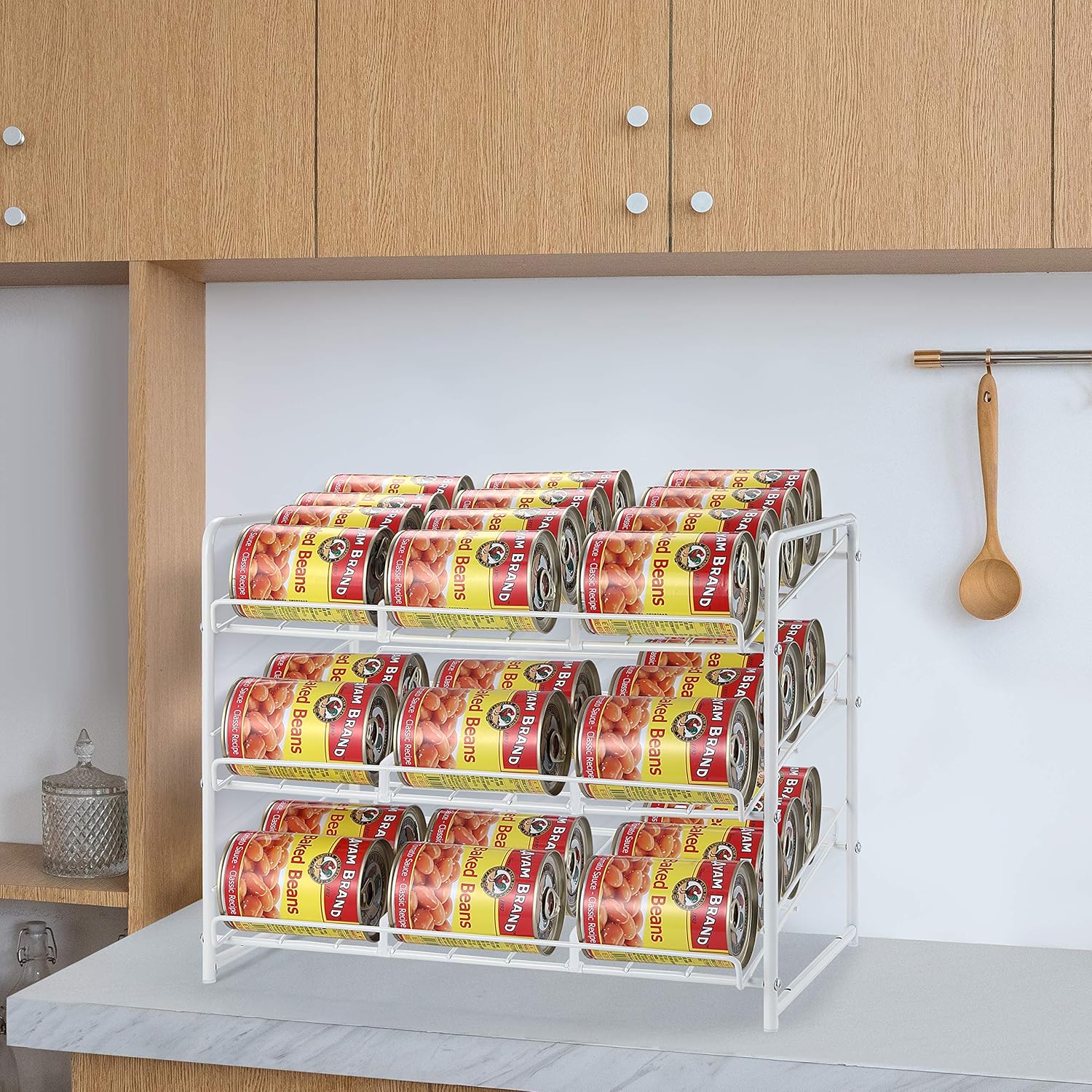 Can Rack Organizer, Stackable Can Storage Dispenser for Kitchen Cabinet or Pantry, White B212710