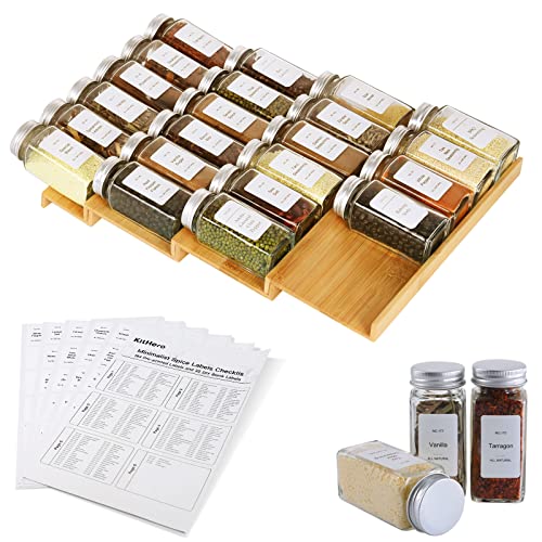 Spice Drawer Organizer with 28 Spice Jars,216 Labels,25 Non-slip Rubber, Bamboo 4 Tier Seasoning Rack Tray Insert for Kitchen Drawers,Cabinets,Countertop,14.6" Wide x 15.8" Deep