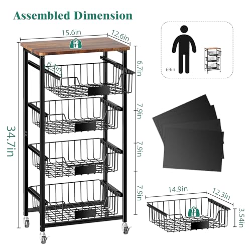 Rolling Kitchen Storage Cart with 4 Pull-Out Baskets and Wood Top V50585