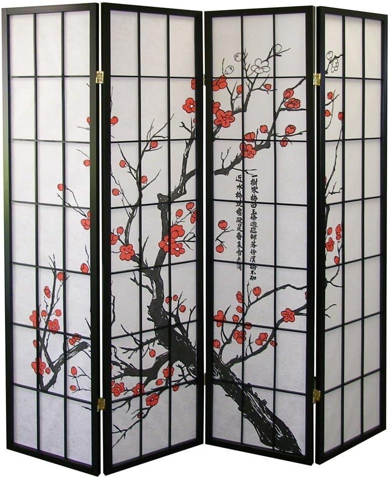 4-Panel Folding Shoji Room Divider with Plum Blossom Design D825787