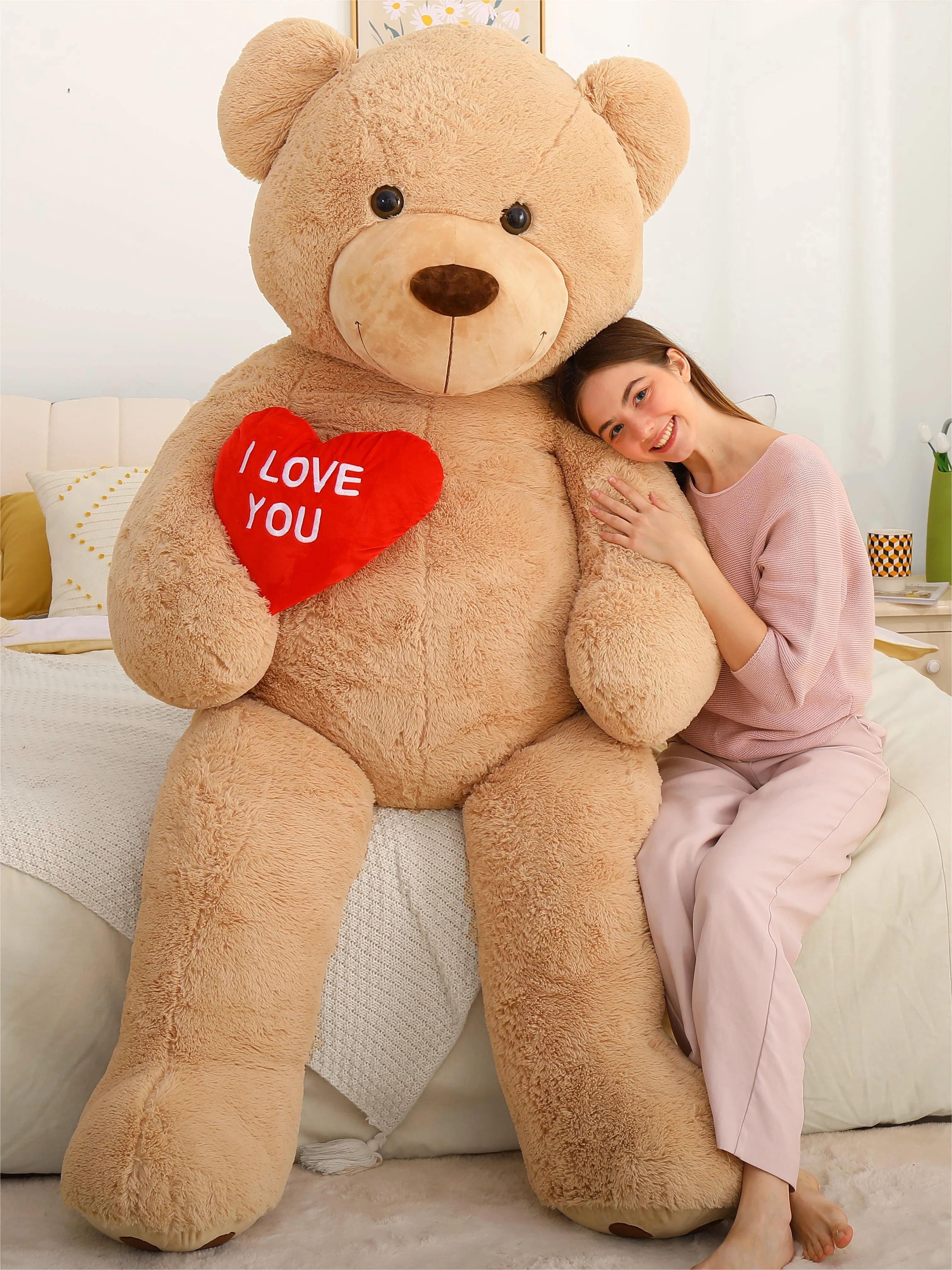 MorisMos Brown Giant Teddy Bear 6ft Stuffed Animal "I Love You" Red Heart Jumbo Human Size Teddy Bear
