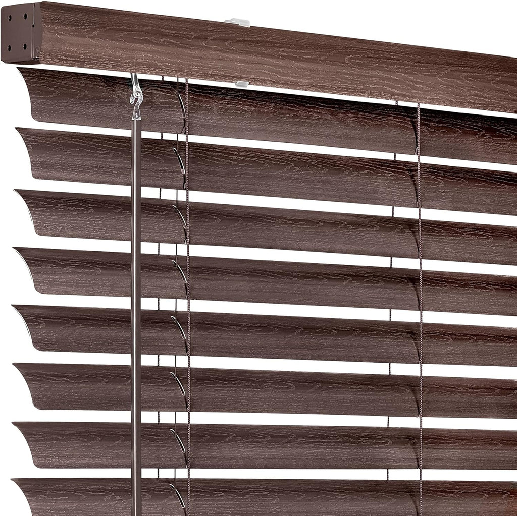 Cordless Vinyl Plantation Blind 32x64 Mahogany Wood Grain D937
