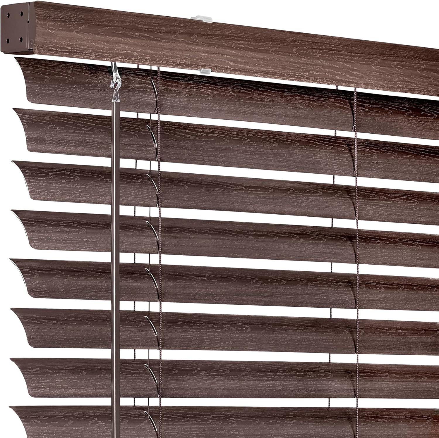 Cordless Vinyl Plantation Blind 32x64 Mahogany Wood Grain D937
