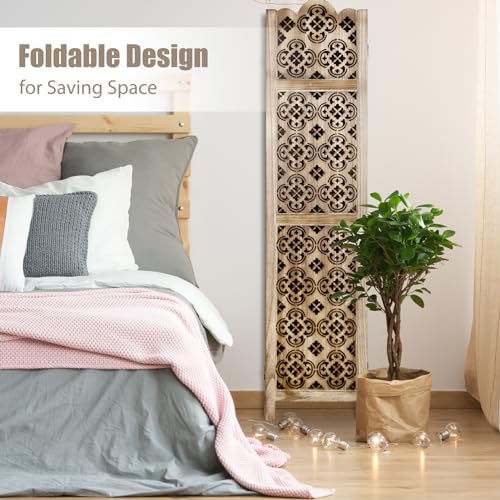 Carved Room Divider, 6 Panel Folding Privacy Screen, Retro Flower Pattern, Grey K413