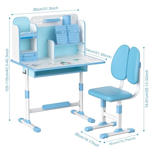 Kids Desk and Chair Set, Height Adjustable Study Table with Sitting Corrector O3453