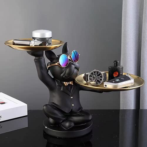 French Bulldog Resin Statue with 2 Metal Trays for Entryway Decor F3312