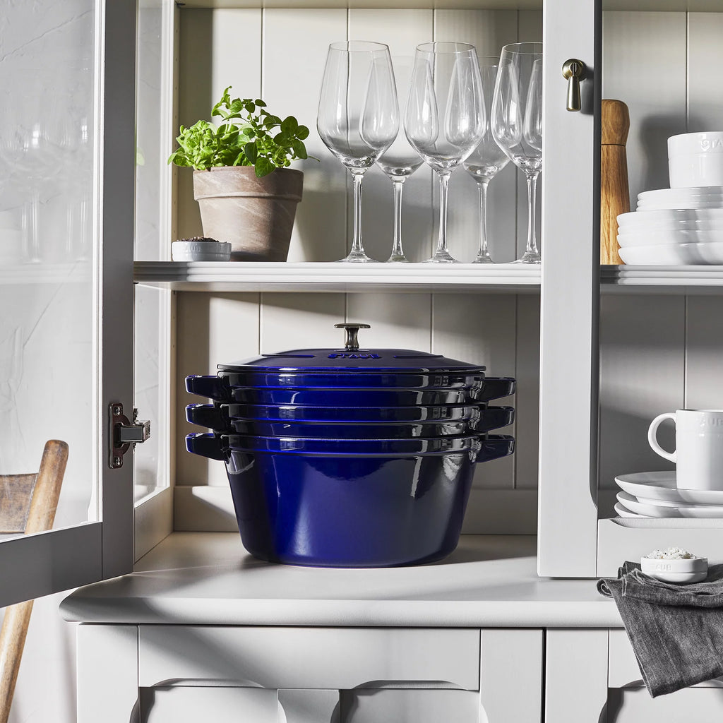 Cast Iron Cookware Set 4-Piece, Stackable Dutch Oven with Universal Lid, Dark Blue D57755