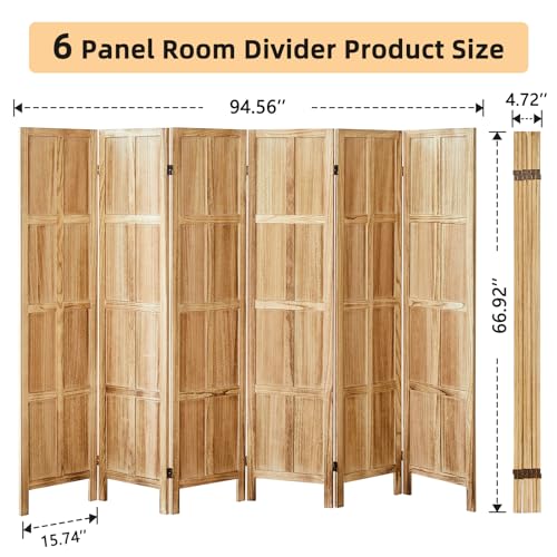6 Panel Room Divider, 5.6 FT Folding Privacy Screen, Wooden Freestanding Partition B917393