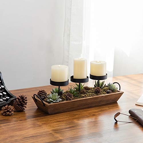 Black Metal Candle Holder with Wood Tray T207407
