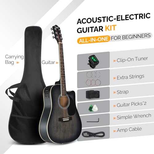 Acoustic Electric Guitar Beginner Kit with Cutaway and Inbuilt Tuner I343