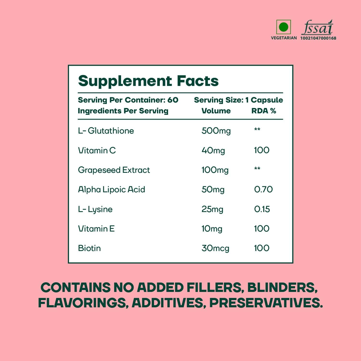Glutathione 1000mg with Vitamin C & Biotin for Skin Brightening, 60 Veg Caps D15434