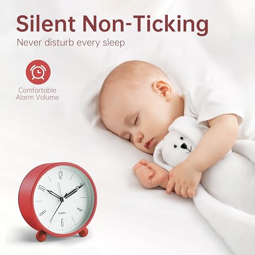 4 Inch Silent Non Ticking Alarm Clock with Night Light, Battery Operated F8892
