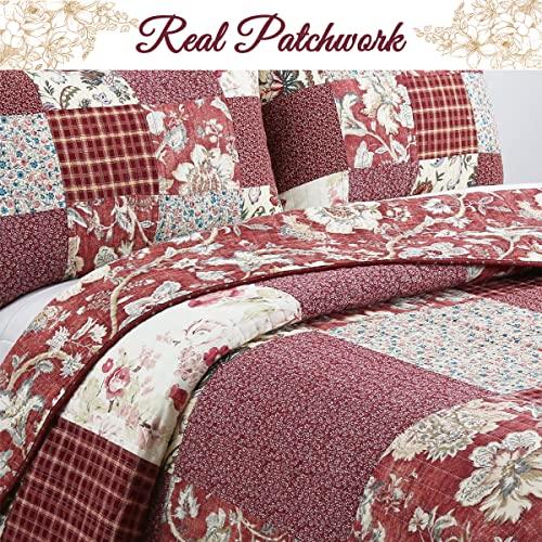 Red Navy Blue Brown Floral Print Reversible Cotton Coverlet Bedding Set, King 3 Piece O650917