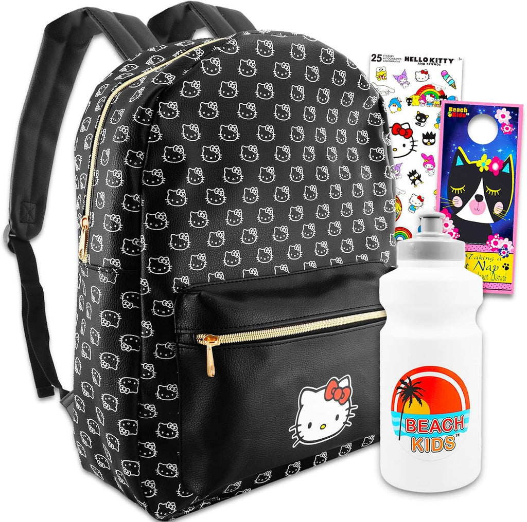 Hello Kitty Faux Leather Backpack for Women - Bundle with 16" Hello Kitty Backpack with Front Pocket Plus Water Bottle, Stickers, More | Hello Kitty Backpack Set