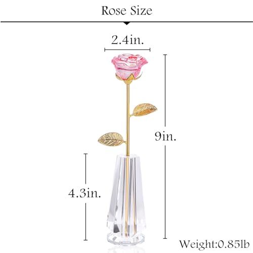 Crystal Pink Rose Flowers Glass Figurine with Vase Home Decor A62950