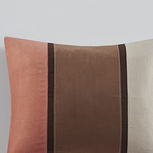Modern Faux Suede Comforter Set with Stripe Design, Queen, Brown, 7 Piece T450652