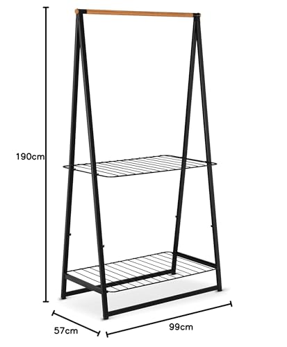 Clothes Rack, Compact Free Standing Clothing Rail, Sturdy Steel Frame & Bamboo Rod, Black I76562