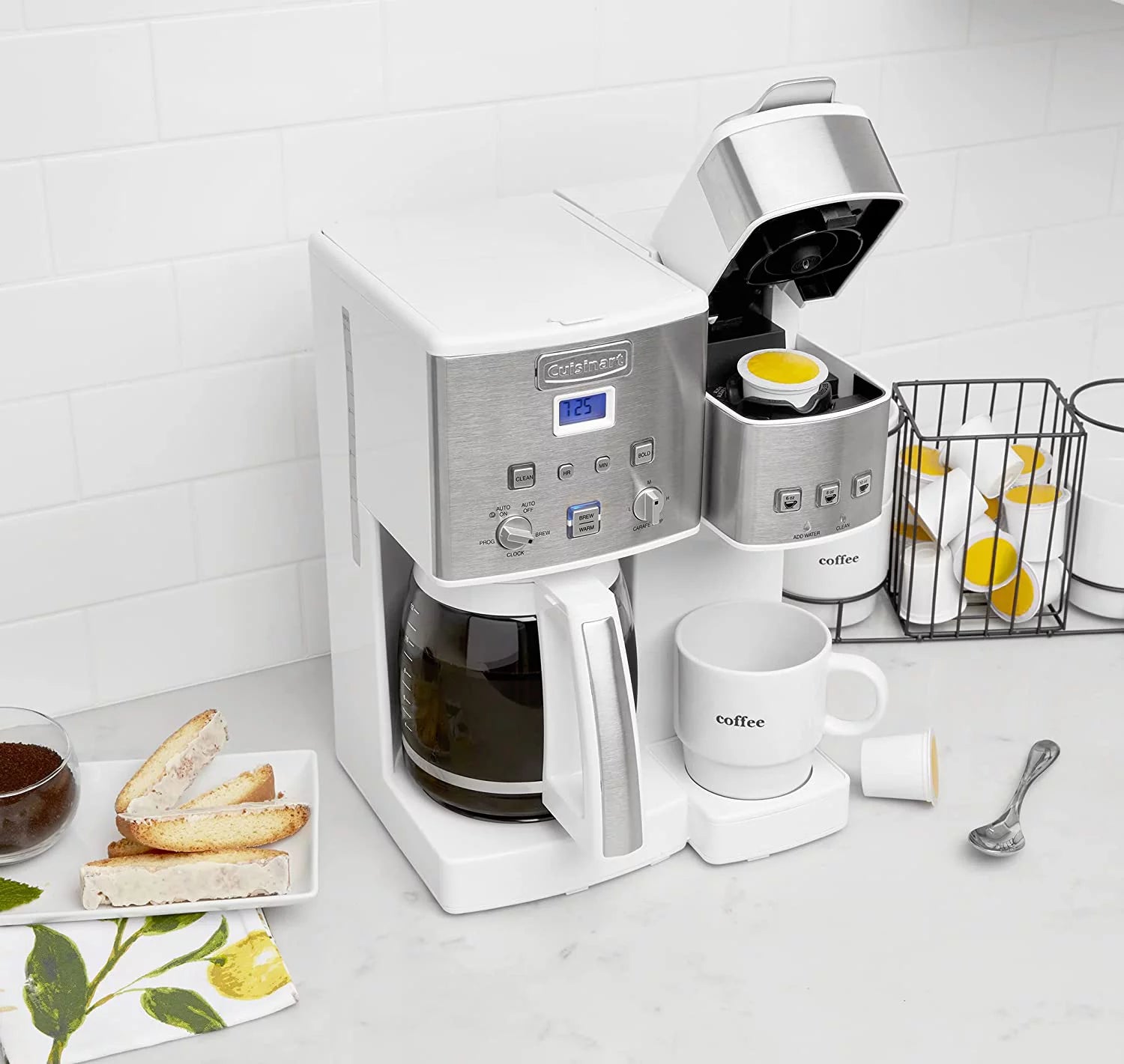 12-Cup Coffeemaker and Single-Serve Brewer, White Stainless Steel T316