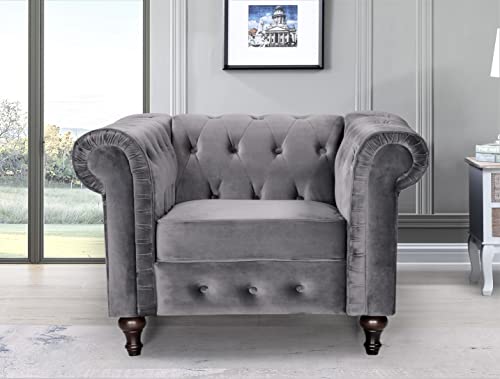 3-Piece Velvet Chesterfield Sofa Set with Couch, Loveseat and Accent Chair, Grey J93016