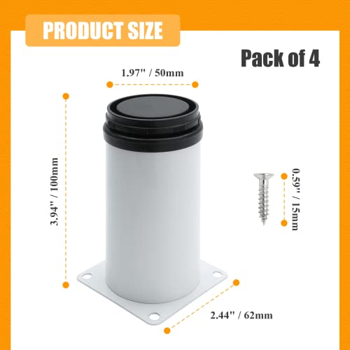 4 Pack White Adjustable Furniture Legs, 4" Stainless Steel Round Feet with Screws V6962