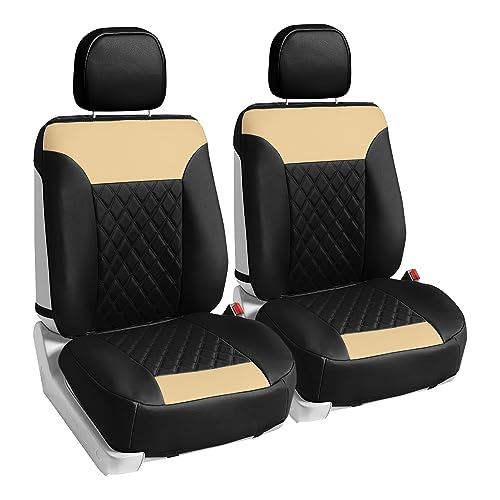 FH Group Car Seat Covers Solid Beige Front Set Faux Leather - Car Seat Covers for Low Back Seat with Removable Headrest, Universal Fit, Automotive Seat Covers, Airbag Compatible Car Seat Cover for SUV
