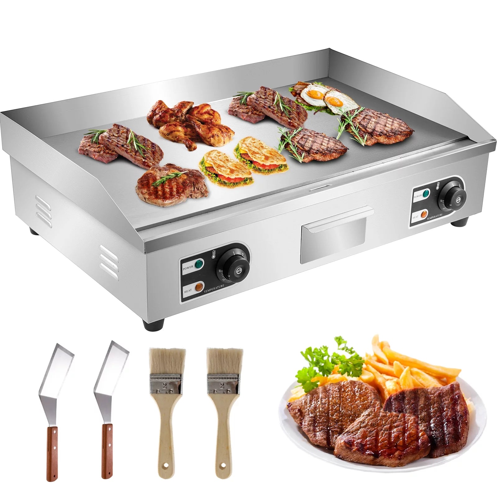 VEVOR 30" Electric Countertop Flat Top Griddle 110V 4400W Non-Stick Commercial Restaurant Teppanyaki Grill Stainless Steel Adjustable Temperature Control 122°F-572°F