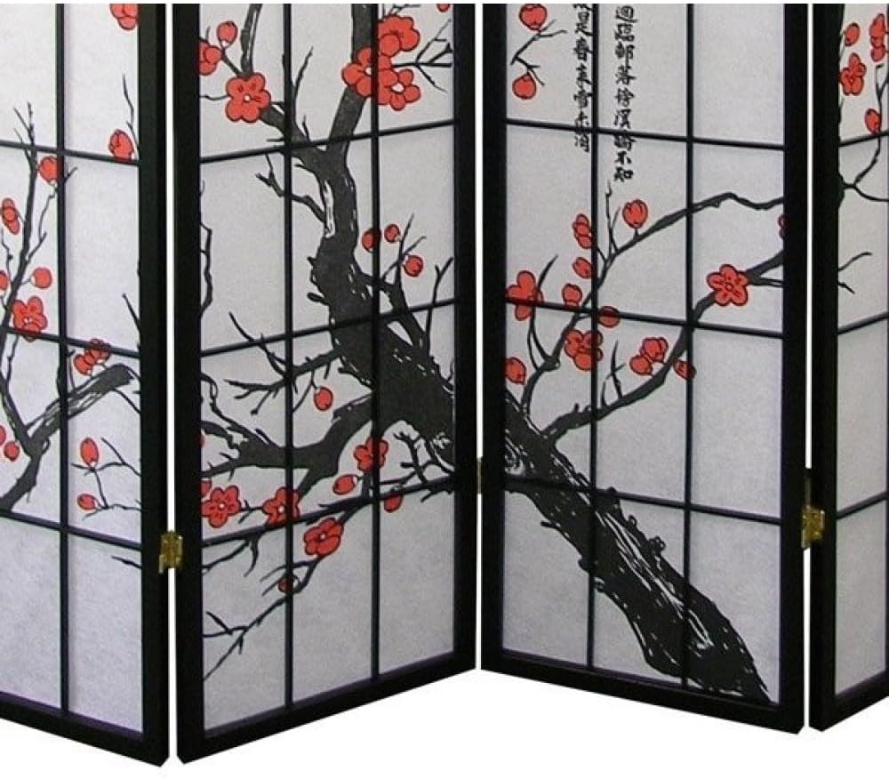 4-Panel Folding Shoji Room Divider with Plum Blossom Design D825787