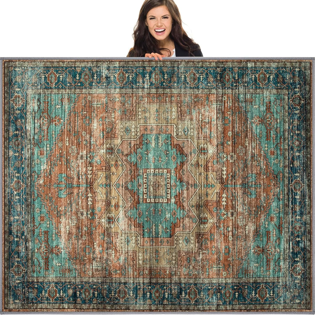 Washable Vintage Area Rug for Living Room, Non-Slip Low Pile, 8x10 N895