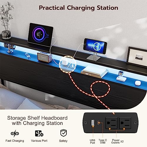 California King Storage Headboard with Charging Station and LED Lights T957820
