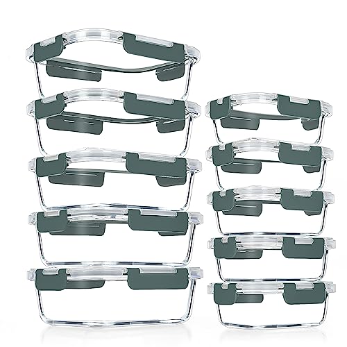 VERONES 10 Pack Glass Meal Prep Containers, Airtight Glass Lunch Containers, Stackable Glass Food Storage Containers Set with Lids,BPA-Free, for Microwave, Oven, Freezer & Dishwasher Friendly,Grey