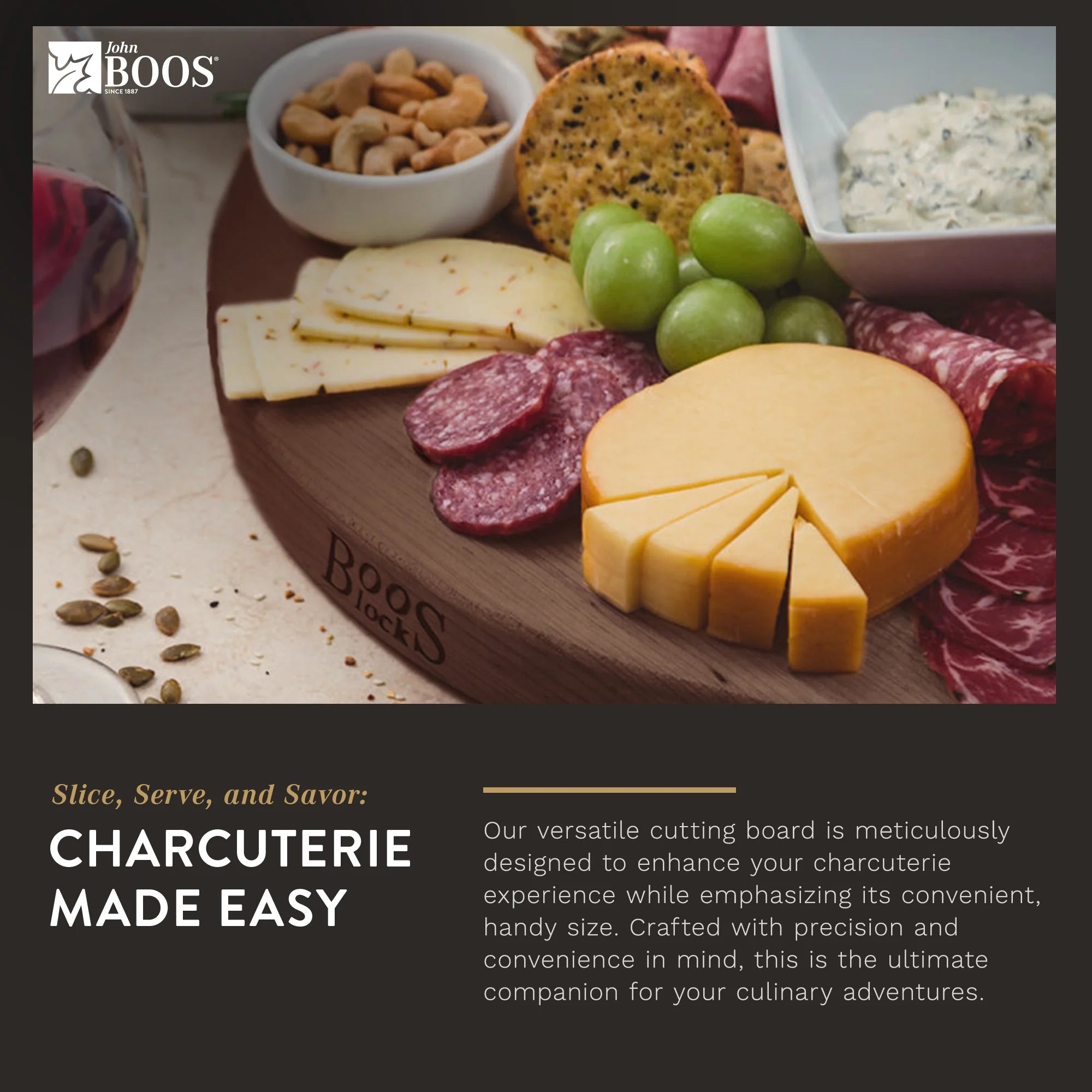 Walnut Wood Round Cutting Board for Kitchen, 18" x 18" x 1.5" E220