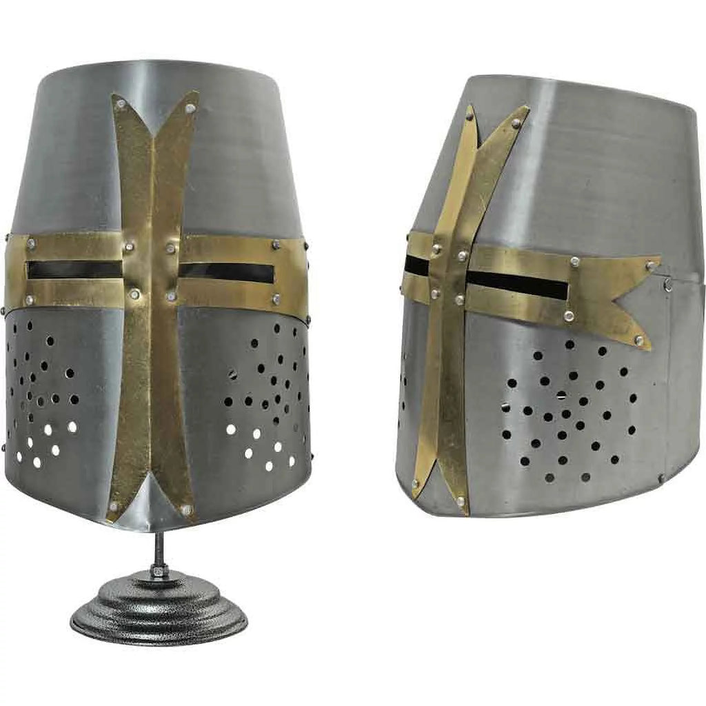 Medieval Helmet | Carbon Steel Templar Knight Crusader Barrel Helm + Stand