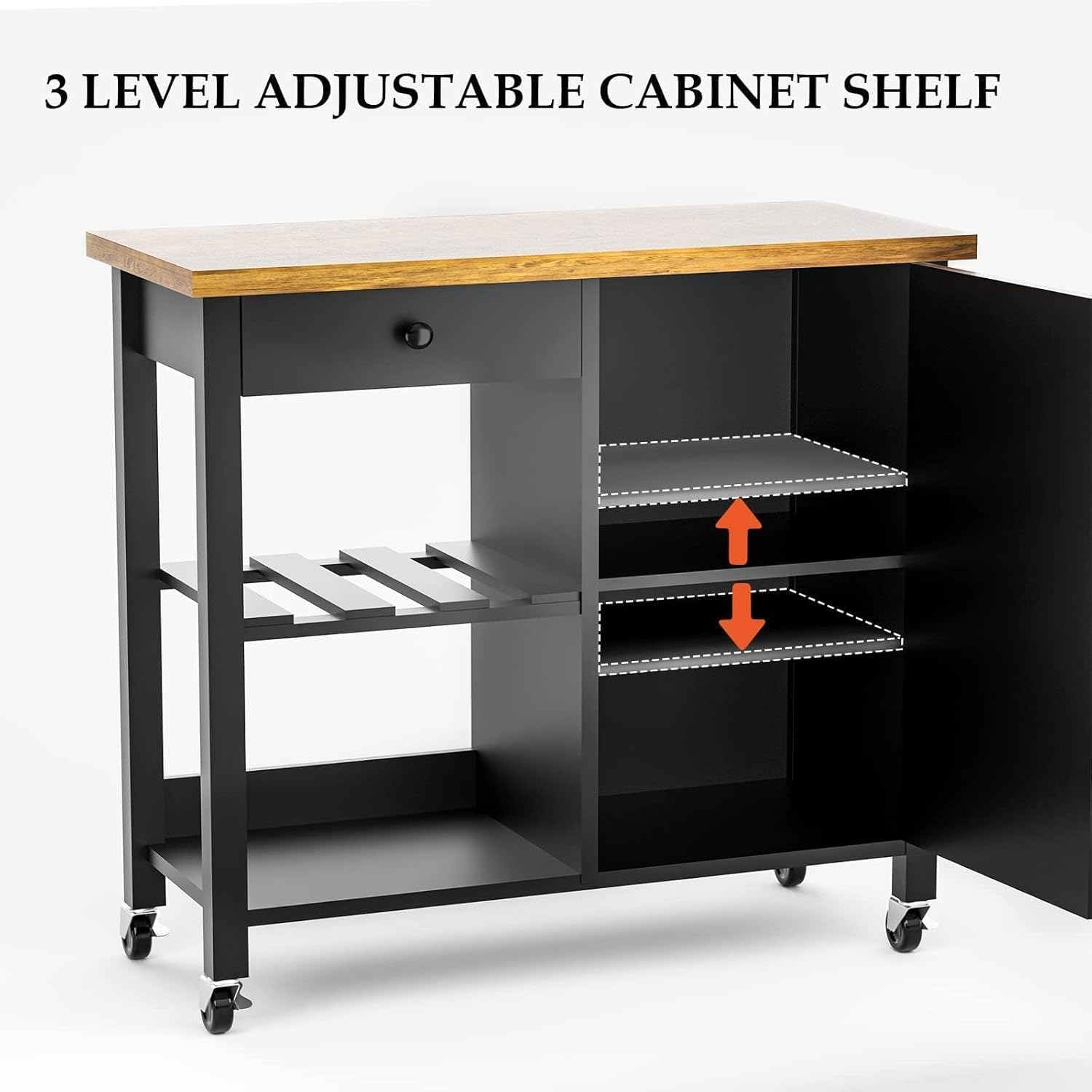 Coffee Bar Cart on Wheels with Storage Cabinet and Adjustable Shelves, Black A91633