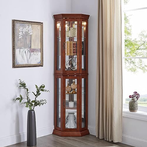 Lighted Curio Cabinet, Wooden Corner Display Cabinet Adjustable Tempered Glass Shelves, Floor Stand Collection Art Display Rack for Bar or Living Room - Walnut (Light bulb not included)