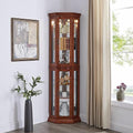 Lighted Curio Cabinet, Wooden Corner Display Cabinet Adjustable Tempered Glass Shelves, Floor Stand Collection Art Display Rack for Bar or Living Room - Walnut (Light bulb not included)