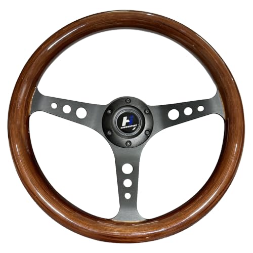 14" Universal Classic Wood Grain Steering Wheel Brushed 3 Spoke 1.5 inch Depth Steering Wheel with Horn Button 6 bolts
