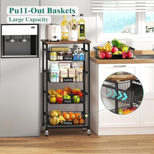 Rolling Kitchen Storage Cart with 4 Pull-Out Baskets and Wood Top V50585