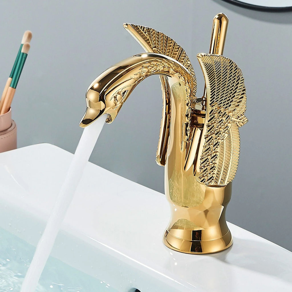 Swan Faucet Bathroom Sink Faucet Polished Gold Single Handle One Hole Basin Tap W86189