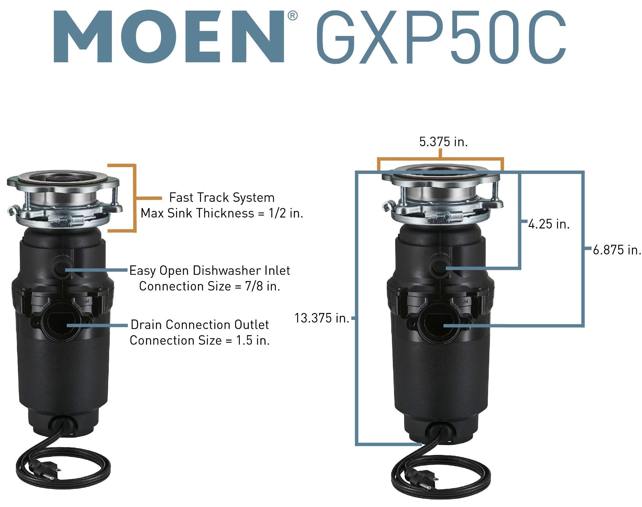 Garbage Disposal, 1/2 HP, Continuous Feed, Power Cord Included L4687