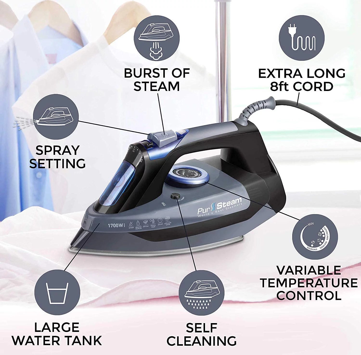 Steam Iron for Clothes with Stainless Steel Soleplate, Self-Cleaning T481095