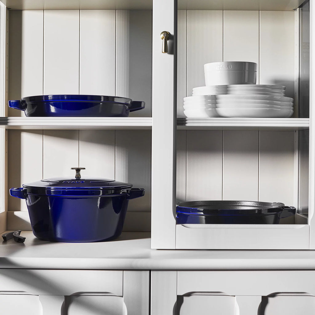 Cast Iron Cookware Set 4-Piece, Stackable Dutch Oven with Universal Lid, Dark Blue D57755