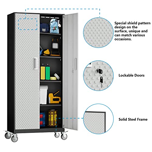 72" Metal Garage Storage Cabinet with Wheels, Adjustable Shelves & Locking Doors Q66304