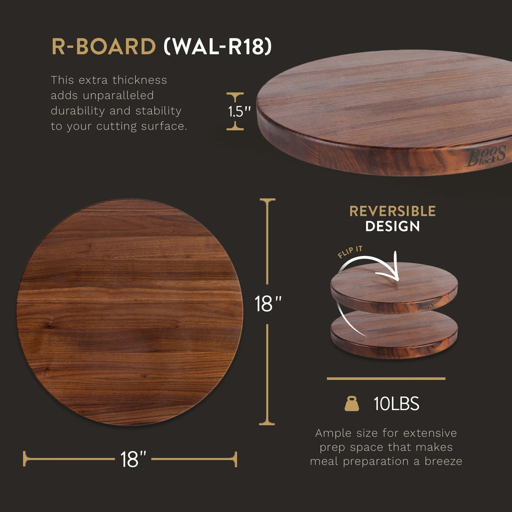 Walnut Wood Round Cutting Board for Kitchen, 18" x 18" x 1.5" E220