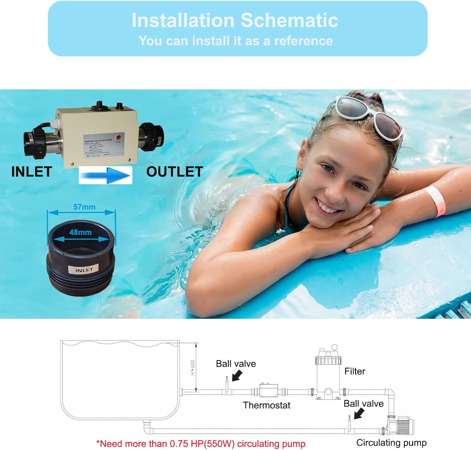 Electric Pool Heater 3KW 220V with Digital Touch Display E702019