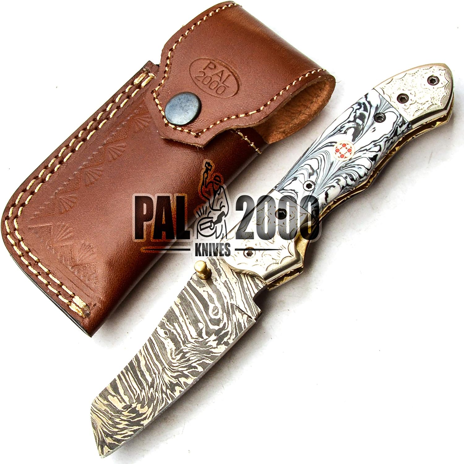 Damascus Steel Folding Pocket Knife with Sheath J237734