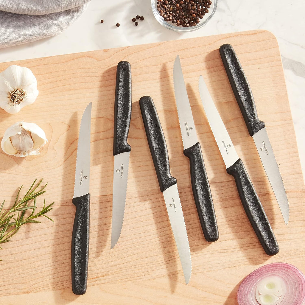 Serrated Steak Knife Set, Pointed-tip, 4.5-Inch, 6-Piece, Black F521280